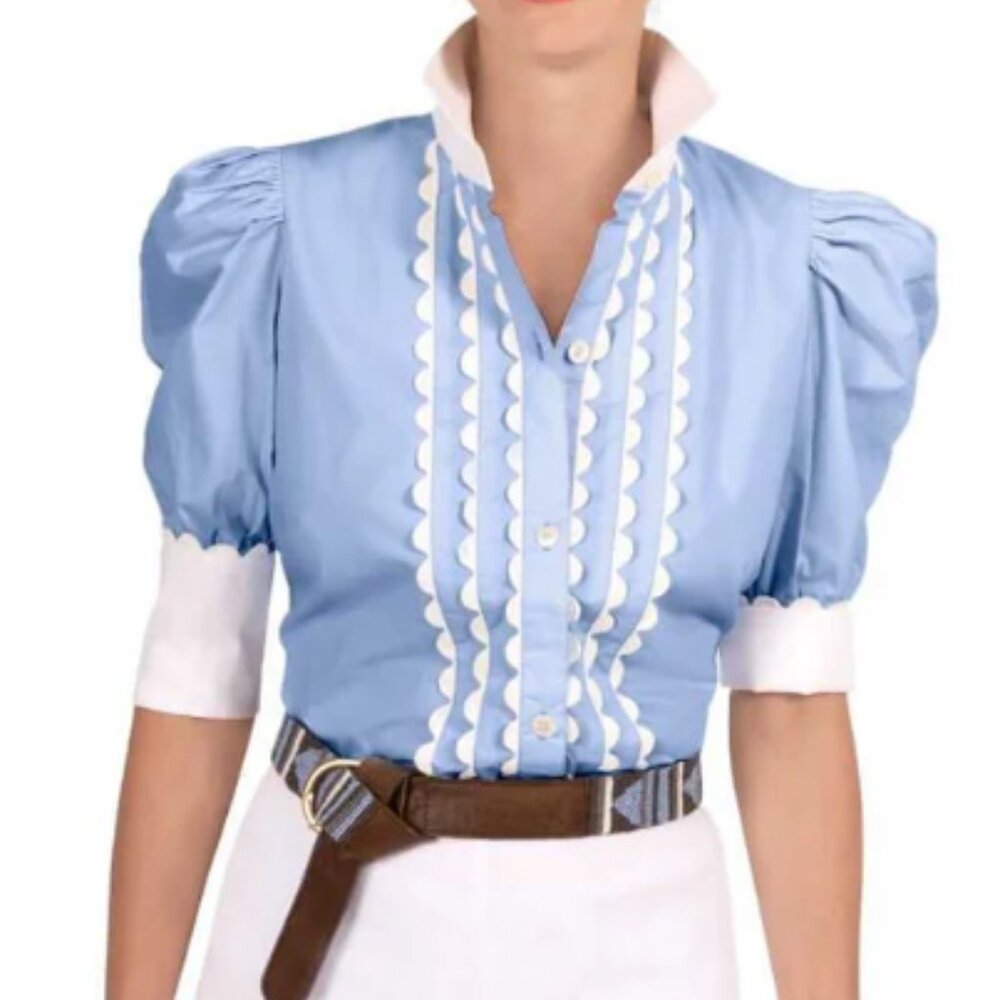 Gretchen Scott Designs Light Blue and White Scalloped-Trim Puff Sleeve Blouse
